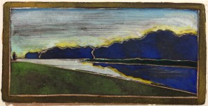 Relief print with watercolor overlay